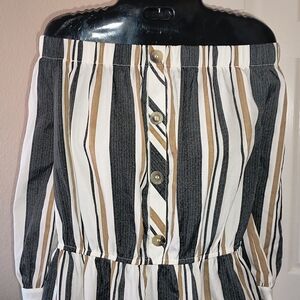 Blush Off-Shoulder Mini Dress in White, Black, and Tan Stripe